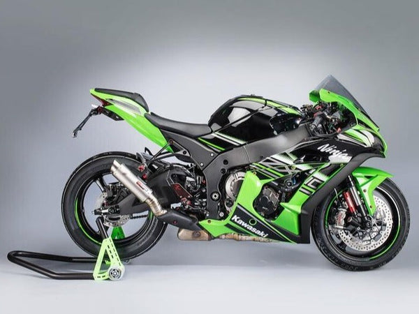 LighTech FTRKA006R R-version rearsets installed, motorcycle context view; black footpegs pictured; motorcycle and other accessories not included.