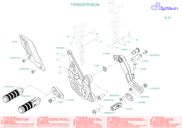 LIGHTECH FTRYA023 / FTRYA023W manufacturer brake-side exploded technical drawing; fixed and folding footpeg options shown; not a complete kit photograph