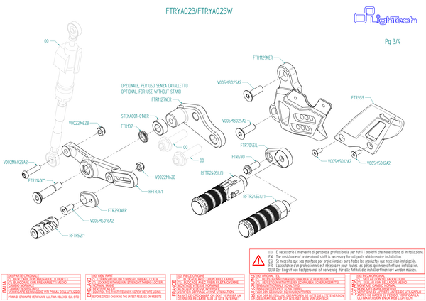 LIGHTECH FTRYA023 / FTRYA023W manufacturer shift-side exploded technical drawing; fixed and folding footpeg options shown; race-use side-stand bracket is optional