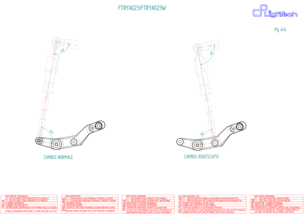LIGHTECH FTRYA023 / FTRYA023W manufacturer technical drawing of standard and reverse shift linkage configurations