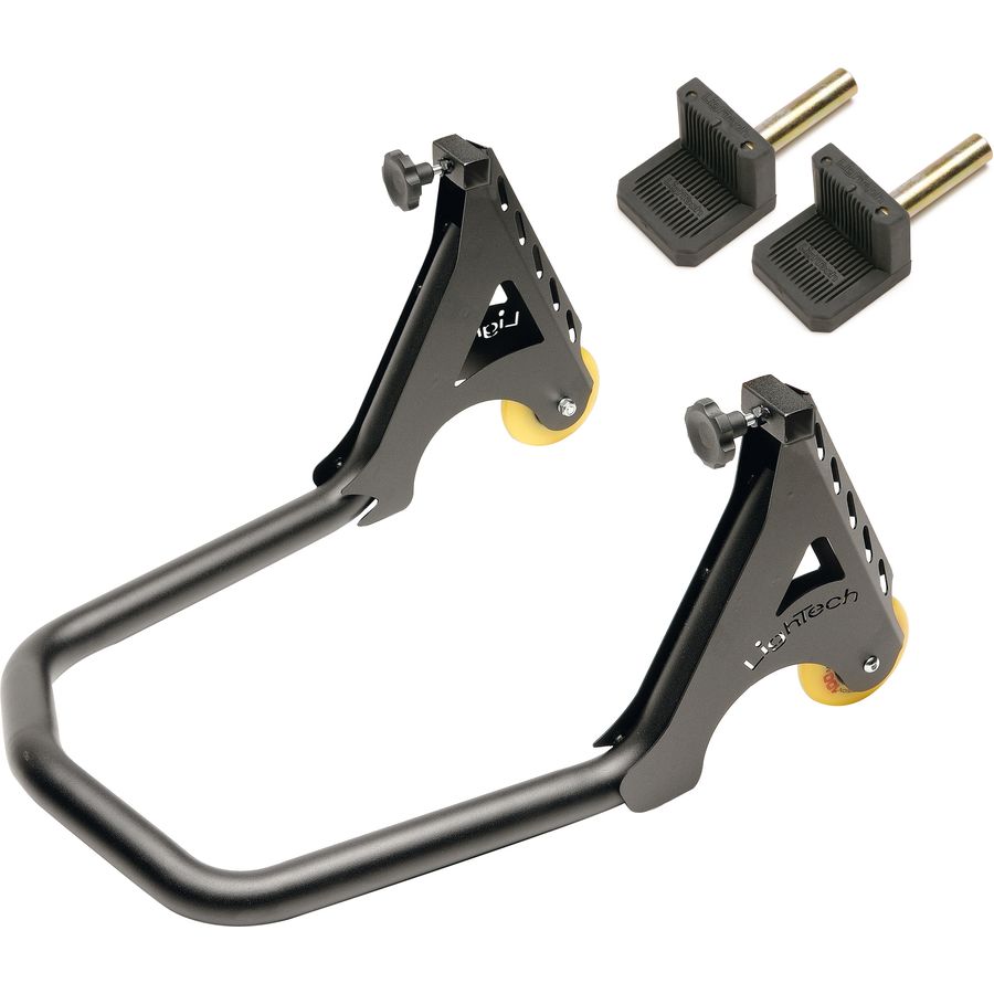 LIGHTECH RSF21P - black steel rear paddock stand, two wheels, frame and separate rubber sliding-block lifters
