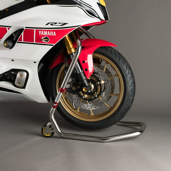 LIGHTECH RSS001 stainless steel front triple-tree stand in use on a motorcycle; required model-specific stem pin sold separately; motorcycle and other accessories not included