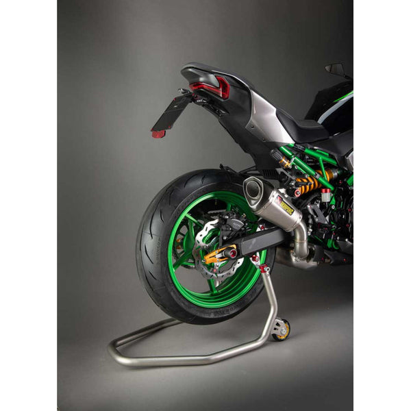 LIGHTECH RSS005F stainless steel rear stand with fork supports - installed example; motorcycle and other accessories not included