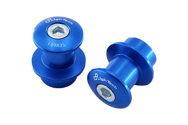 LighTech SCV003COB cobalt-blue M6 swingarm paddock-stand spools, pair; rear stand not included.