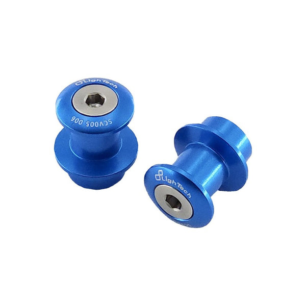 LighTech SCV005COB cobalt blue M10 x 1.25 swingarm spools, pair; SCV005.006 body markings visible.