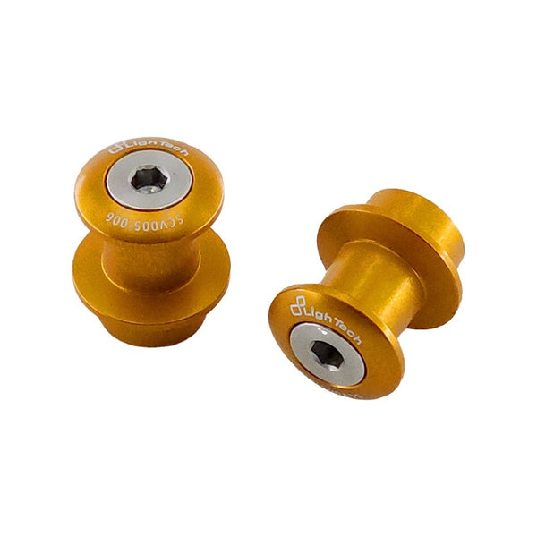 LighTech SCV005ORO gold M10 x 1.25 swingarm spools, pair; SCV005.006 body markings visible.