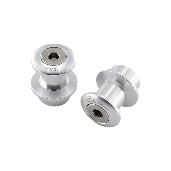 LighTech SCV005SIL silver M10 x 1.25 swingarm spools, pair; SCV005 markings visible.