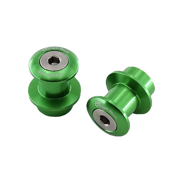 LighTech SCV005VER green M10 x 1.25 swingarm spools, pair; SCV005.006 body markings visible.