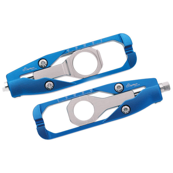 LighTech TEYA010COB cobalt-blue chain adjusters, left and right assemblies.