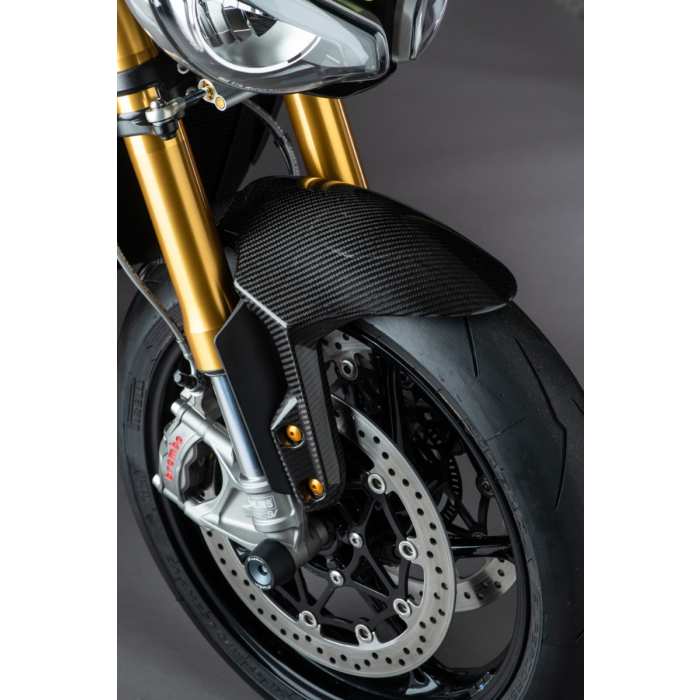 LighTech CART1210 gloss carbon front mudguard, installed view; motorcycle components are separate.