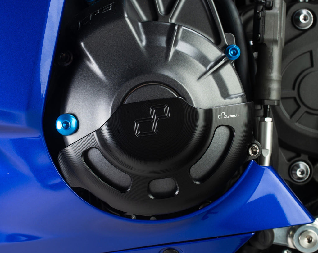 LighTech ECPYA013NER left alternator cover protector - black installed view; other accessories are separate.