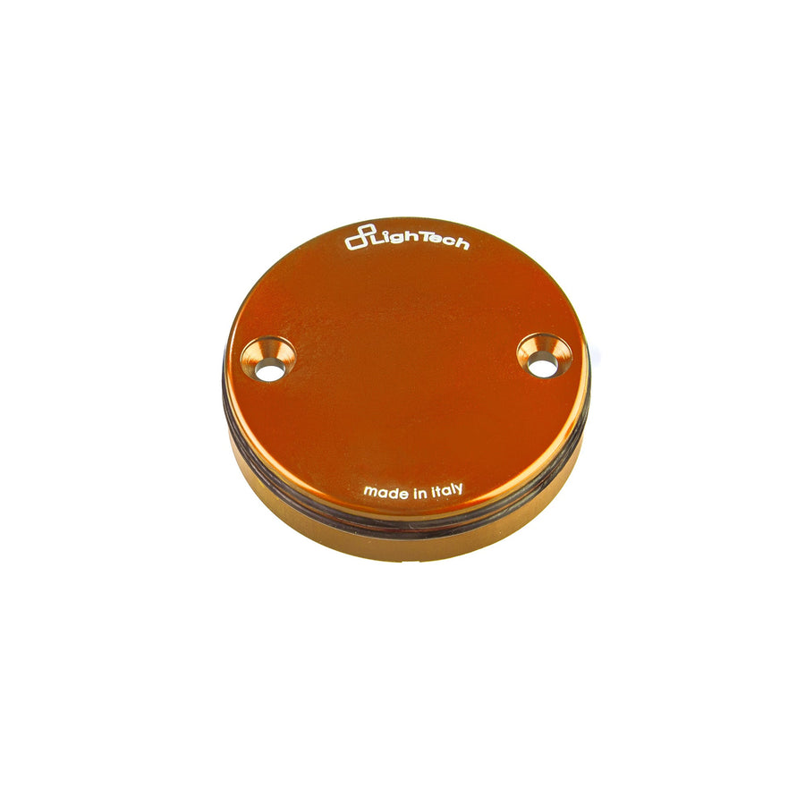 LighTech FBC33ARA front brake reservoir cap - orange. Clutch and rear brake reservoir caps are not included. Compare the original reservoir and fixing points before ordering.