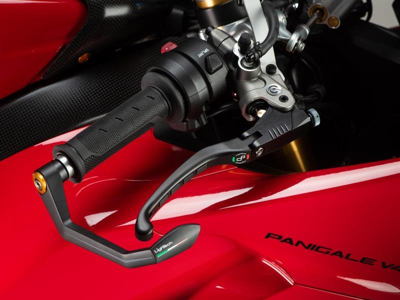 LighTech ISS200RTORO GC-Tech right brake lever guard with gold bush, installed example; motorcycle, lever and adapter separate.