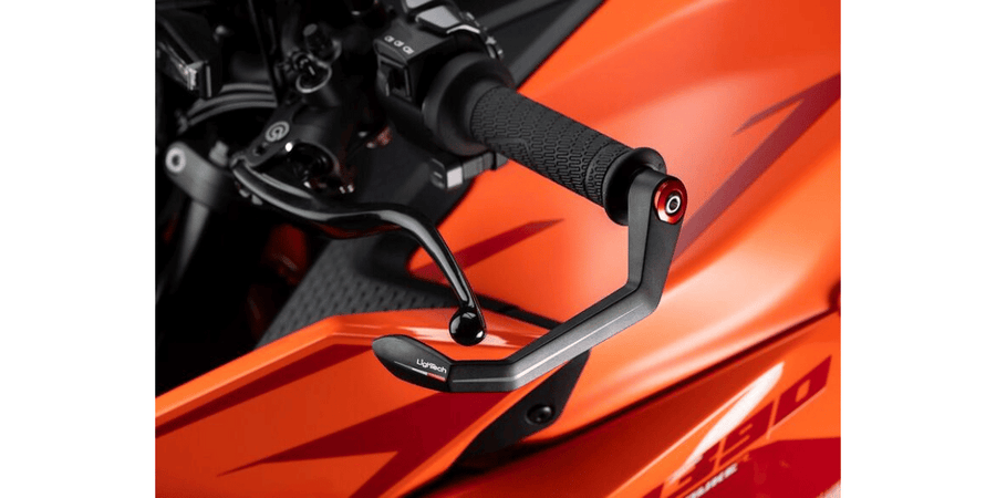 LighTech ISS201LTROS GC-Tech clutch lever guard - red, installed view; motorcycle and adapter are separate.