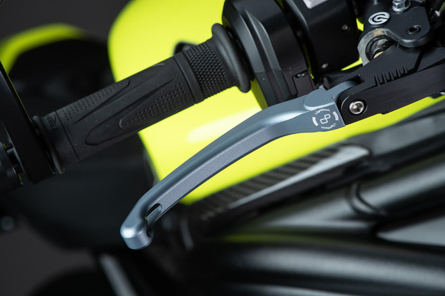 LighTech KLEV133JGRI j brake and clutch lever kit - grey installed view; other accessories are separate.