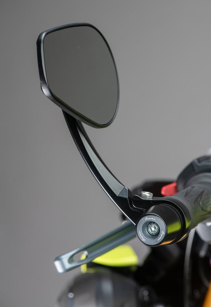 LighTech SPEAL035 aluminium and carbon bar-end mirrors - pair installed view; other accessories are separate.