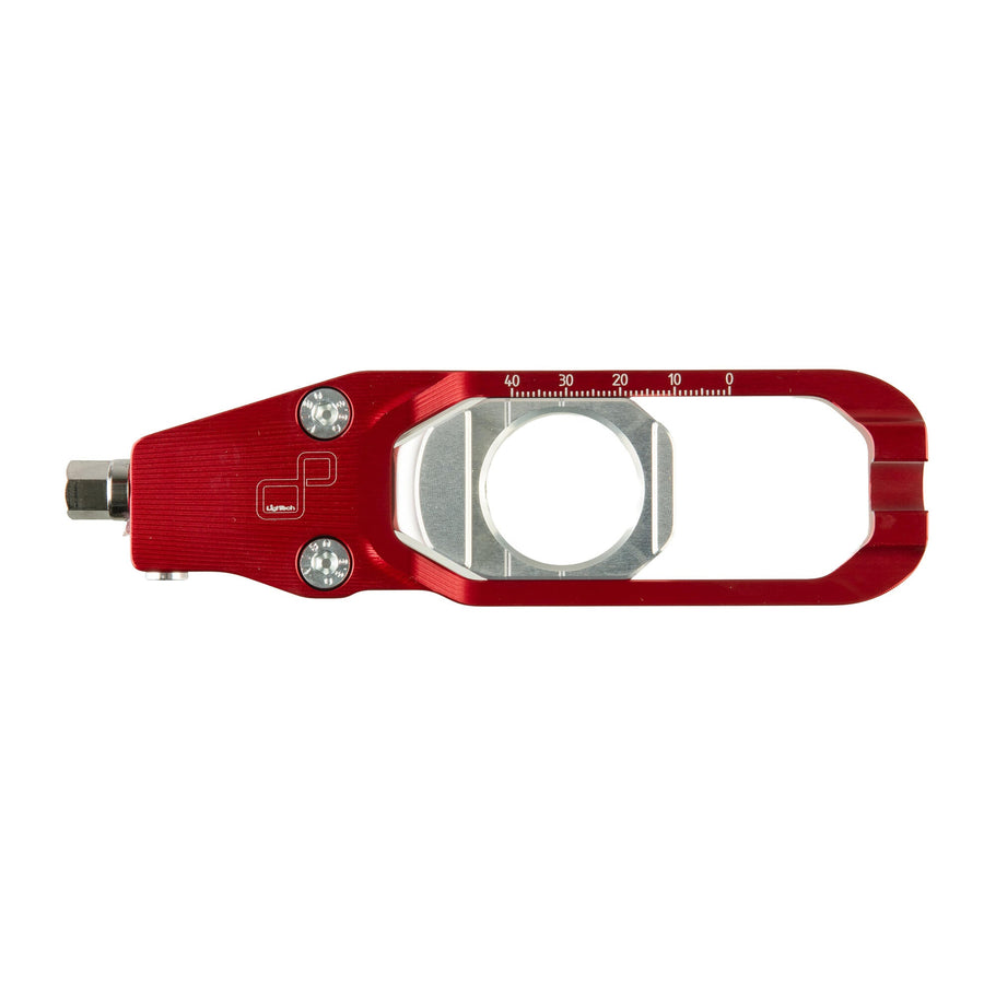 LighTech TEYA011ROS chain adjuster kit - red. Photograph shows one side of the pair. Optional rear-stand lifters are sold separately. Professional installation is recommended.