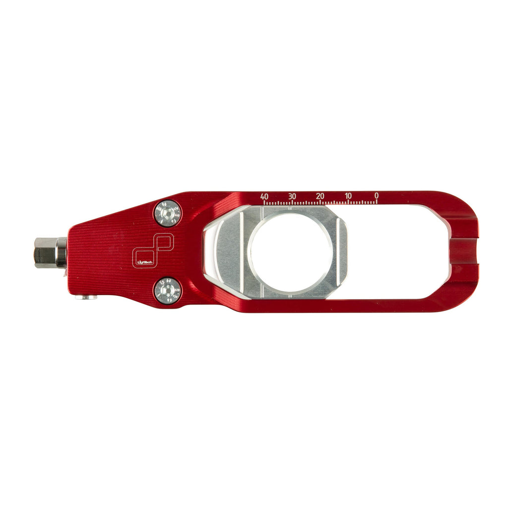 LighTech TEYA011ROS chain adjuster kit - red. Photograph shows one side of the pair. Optional rear-stand lifters are sold separately. Professional installation is recommended.