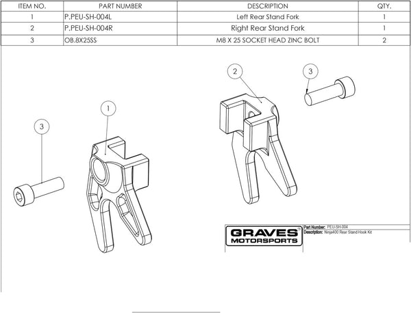 Graves Motorsports Kawasaki Ninja 400 / Ninja 500 - Rear Stand Hook Kit