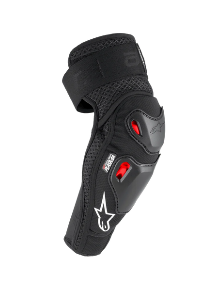 Alpinestars Bionic Pro Plasma Elbow Protectors, Black Red and White, featuring dual thermoplastic shells and Nucleon PLASMA impact protection, breathable mesh design with white logo, off-road motorcycle protective gear
