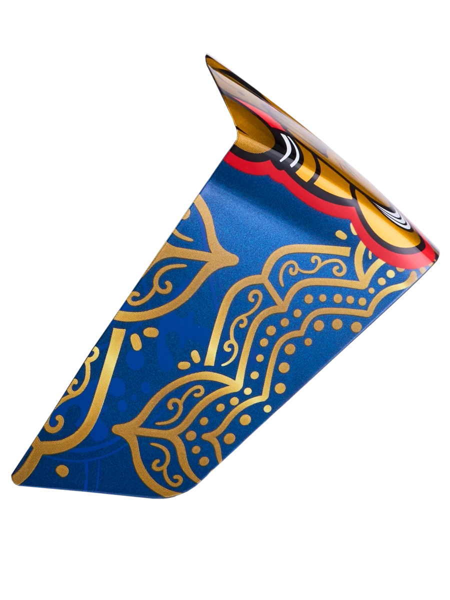 Supertech R10 Martinator Thai Race Spoiler in glossy blue and gold with intricate, ornate patterns and red accents.