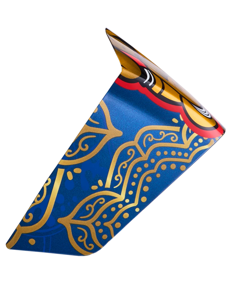 Supertech R10 Martinator Thai Race Spoiler in glossy blue and gold with intricate, ornate patterns and red accents.