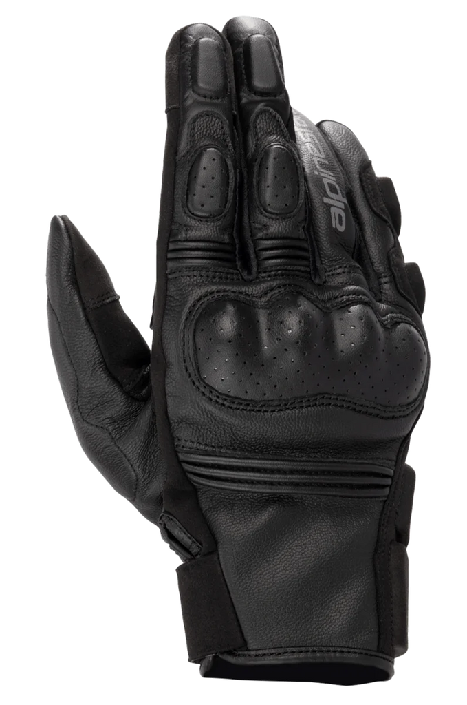 Alpinestars Phenom Leather Gloves, Motorcycle Riding Gloves, Black, top view showing perforated hard knuckle protection, reinforced fingers, accordion stretch inserts, and premium goat leather construction.