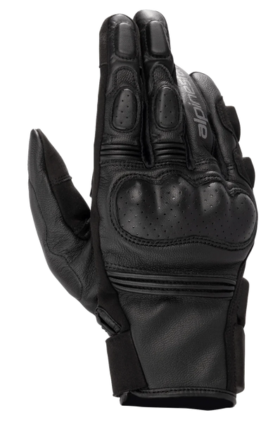 Alpinestars Phenom Leather Gloves, Motorcycle Riding Gloves, Black, top view showing perforated hard knuckle protection, reinforced fingers, accordion stretch inserts, and premium goat leather construction.
