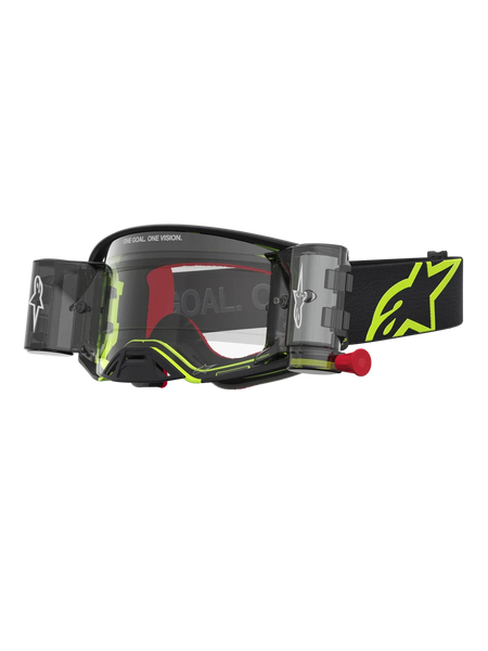 Alpinestars Supertech Firma Roll Off Goggles, Motocross goggles in Black and Yellow Fluo with clear lens and roll-off system.