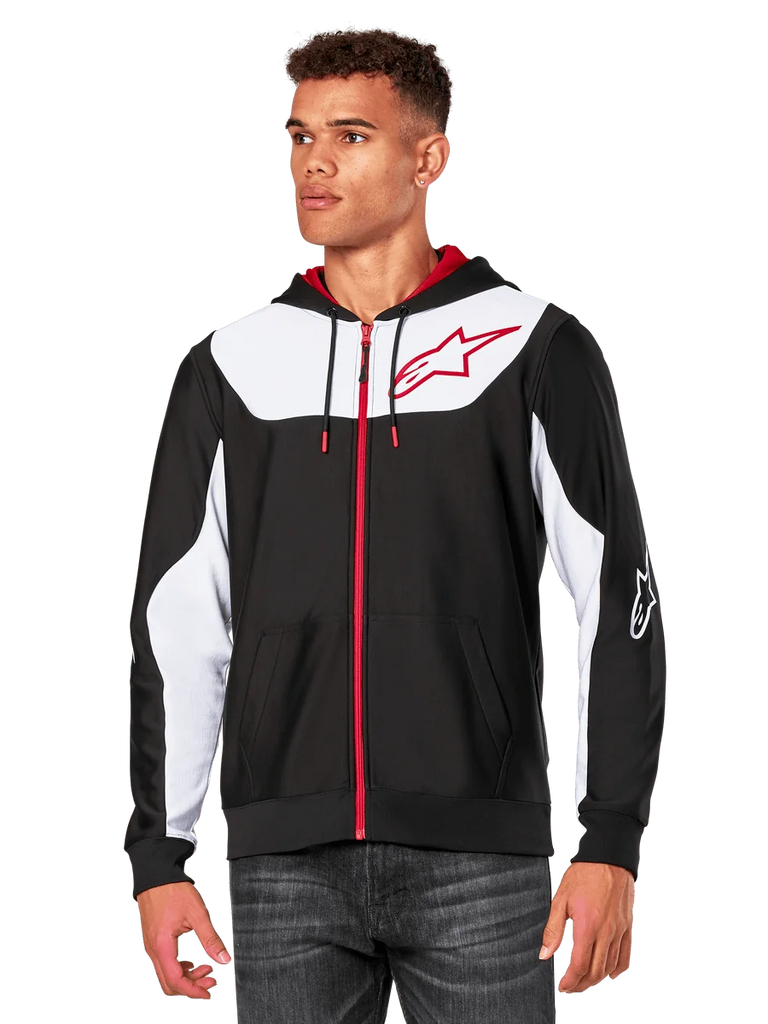 Alpinestars Sessions V3 Hoodie, Zip-Front Hoodie, Black with White panels and Red accents, featuring a red zipper, mesh-lined hood, and Alpinestars star logo on the chest, casual motorsport-inspired streetwear