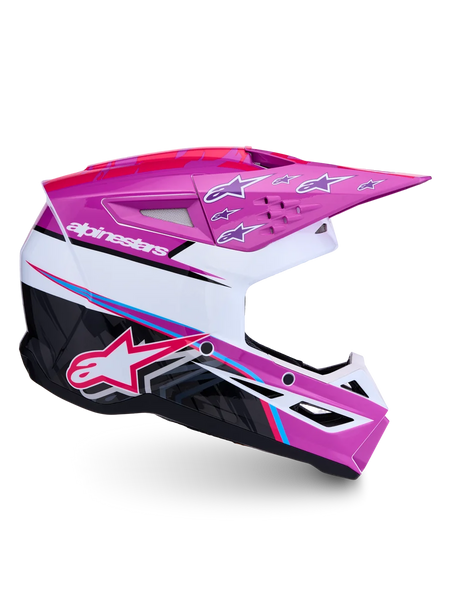 Alpinestars SM3 Falcon Motocross Helmet, Purple and White Glossy shell with Pink Fluo accents, ECE 22.06 and DOT certified.