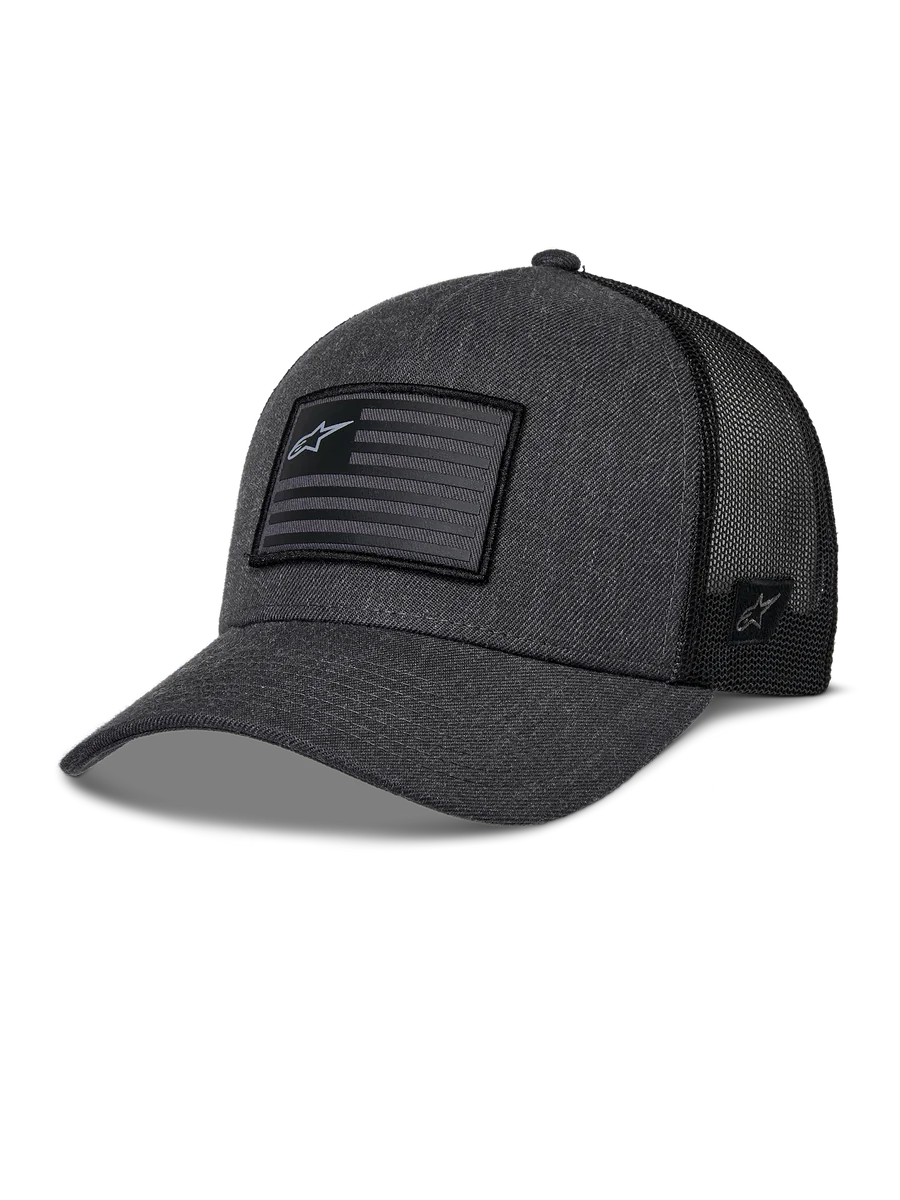 Alpinestars Flag Snapback Hat, Charcoal Heather and Black, Trucker Style Baseball Cap, Rectangular Flag Patch with Star Logo, Curved Brim and Breathable Mesh Back
