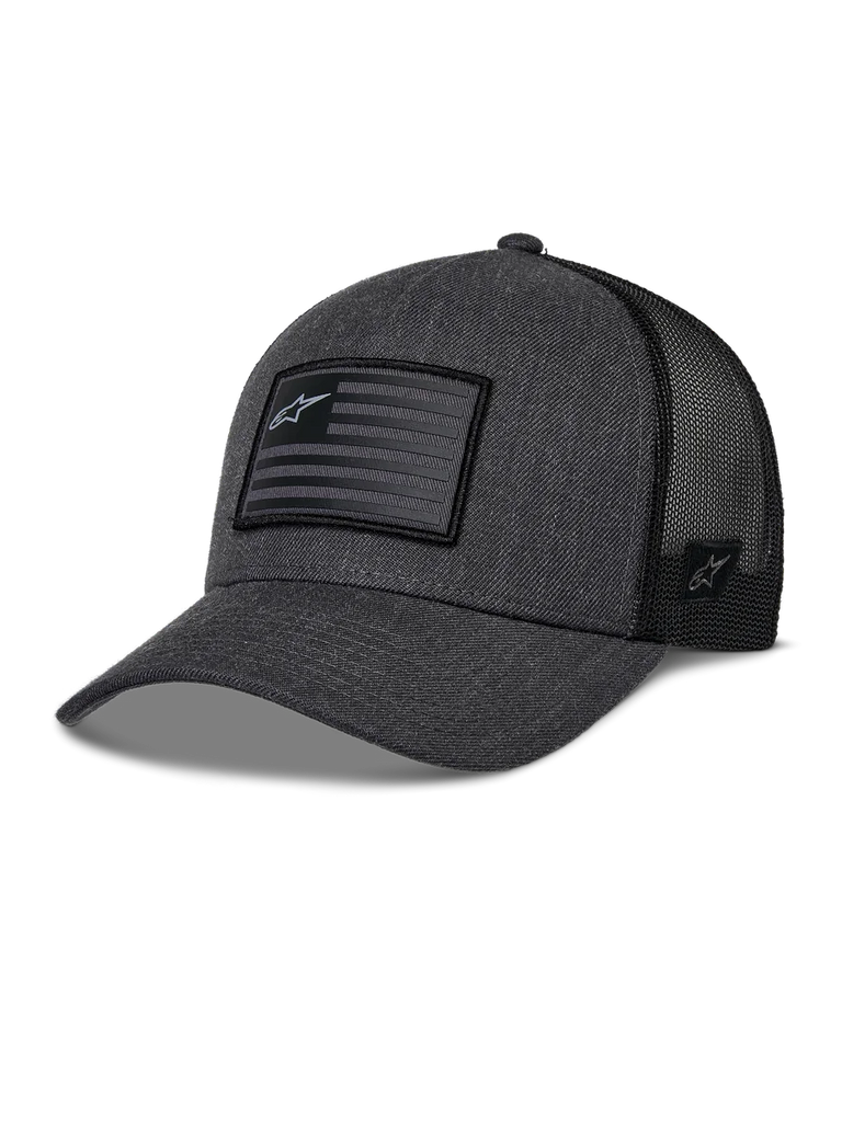 Alpinestars Flag Snapback Hat, Charcoal Heather and Black, Trucker Style Baseball Cap, Rectangular Flag Patch with Star Logo, Curved Brim and Breathable Mesh Back