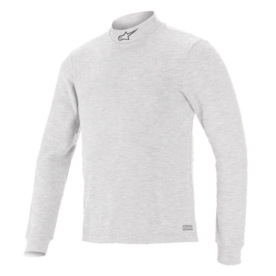 Alpinestars Race V3 Long Sleeve Top, Auto Racing Base Layer, White, mock neck with small logo, long sleeves, soft-touch flame-resistant fabric, minimalist athletic design