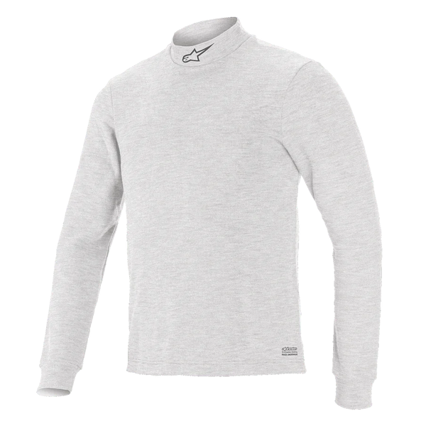 Alpinestars Race V3 Long Sleeve Top, Auto Racing Base Layer, White, mock neck with small logo, long sleeves, soft-touch flame-resistant fabric, minimalist athletic design