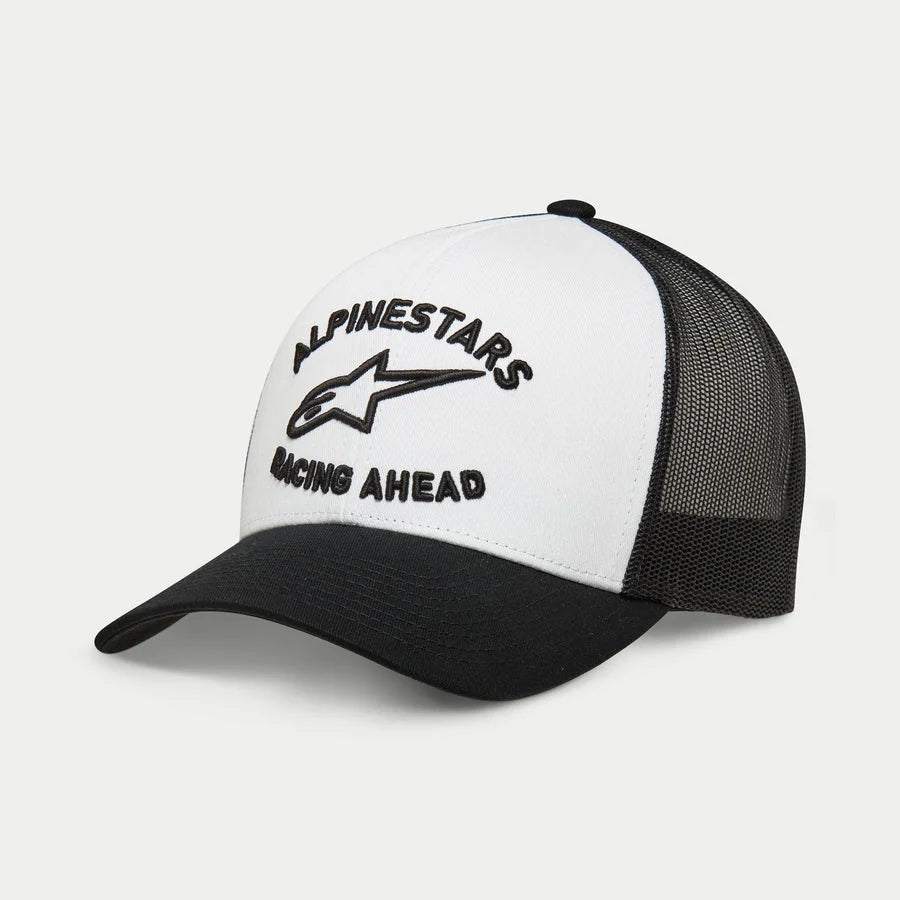 Alpinestars Triple Trucker Hat, Casual Trucker Cap, White and Black, 3D black embroidery with star logo and 'Racing Ahead' text, curved bill with mesh back, Sportswear Streetwear