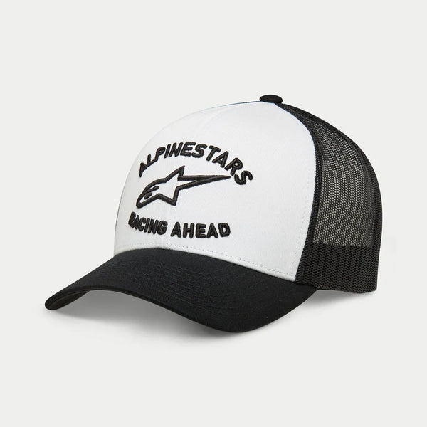 Alpinestars Triple Trucker Hat, Casual Trucker Cap, White and Black, 3D black embroidery with star logo and 'Racing Ahead' text, curved bill with mesh back, Sportswear Streetwear