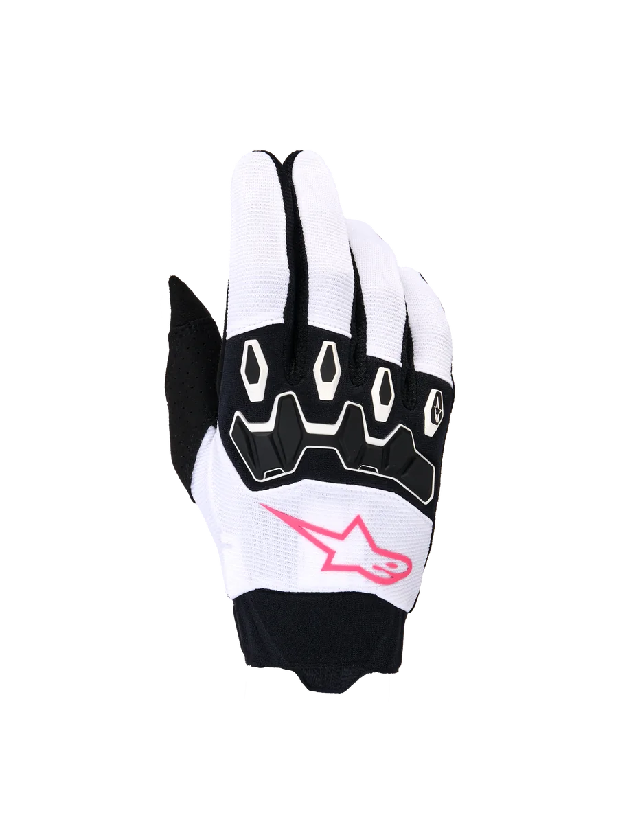 Alpinestars Stella Full Bore V2 Gloves, Women's Motocross Gloves, White and Black with Pink Fluo, featuring a pink star logo, black TPR knuckle protection, and breathable stretch fabric for off-road riding