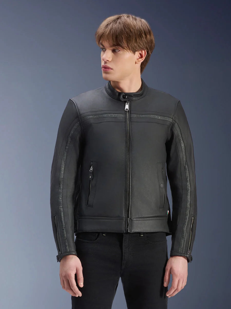 Alpinestars Dyno Leather Jacket, black bovine leather urban motorcycle jacket with heritage styling worn by a man.