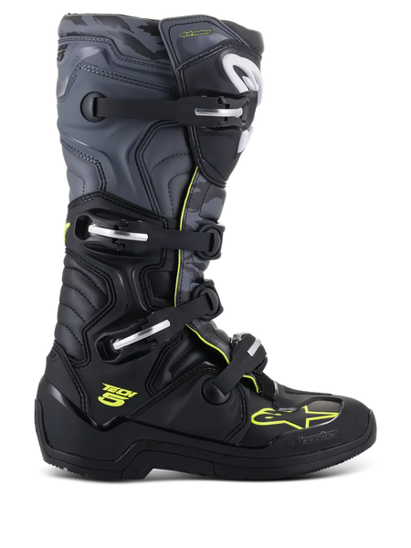 Alpinestars Tech 5 Boots, Motocross Off-Road Boots, side profile view, Black and Cool Gray with Yellow Fluo accents, featuring camouflage pattern, adjustable buckles, and rugged protective sole.