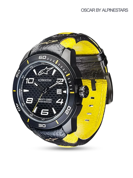 Alpinestars Tech Watch 3H, Motorsport Watch, Black and Yellow, featuring a textured luminous dial, stainless steel case, date display, and black leather strap with yellow lining.