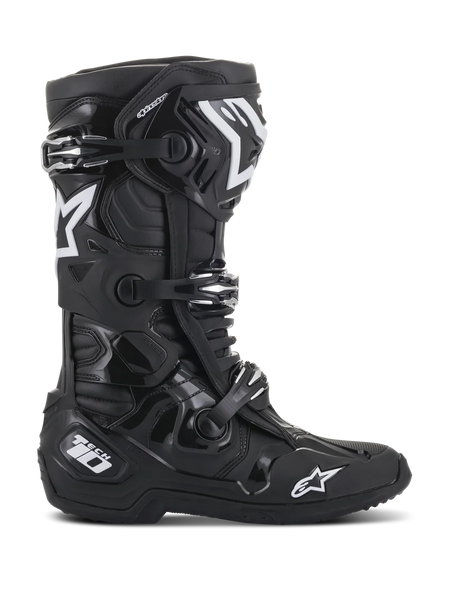 Alpinestars Tech 10 Boots, Motocross Boots, Black, side profile view featuring white Alpinestars star logos and Tech 10 branding, triple buckle closure system, robust TPU shell and microfiber construction for professional off-road racing