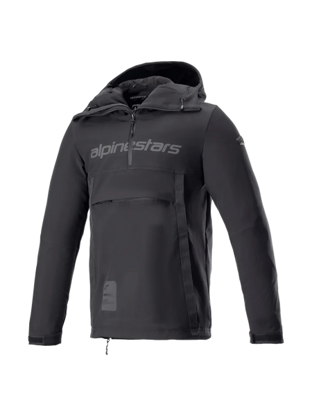 Alpinestars Sherpa Hoodie, black softshell motorcycle anorak for men, windproof urban riding jacket, Tech-Air Ready.