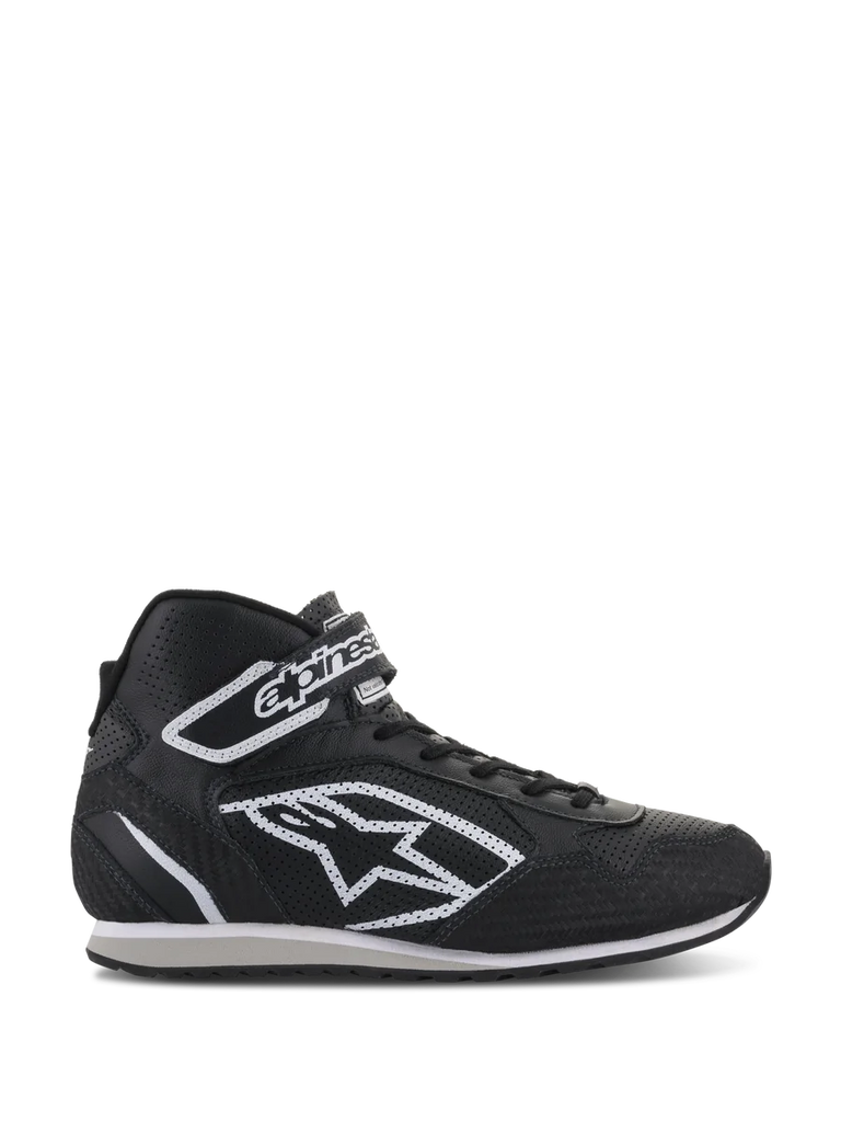 Alpinestars Radar Shoes, professional auto racing pit crew footwear, black and white, perforated leather upper with large white star logo, high-top design with Velcro ankle strap and laces, durable motorsport-inspired style