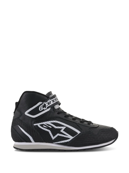 Alpinestars Radar Shoes, professional auto racing pit crew footwear, black and white, perforated leather upper with large white star logo, high-top design with Velcro ankle strap and laces, durable motorsport-inspired style