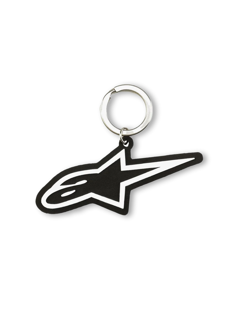 Alpinestars Ageless Key Fob, sportswear keychain, black and white, 3D rubber construction with metal snap ring and Blaze logo