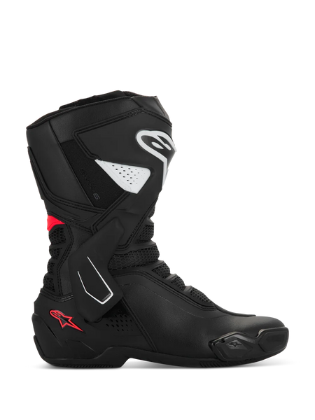 Alpinestars Stella SMX-6 V3 Boots, Women's Motorcycle Sport Boots, Black with White and Diva Pink accents, side profile featuring TPU shin and ankle protection, mesh flex panels, and performance microfiber construction for track and street.
