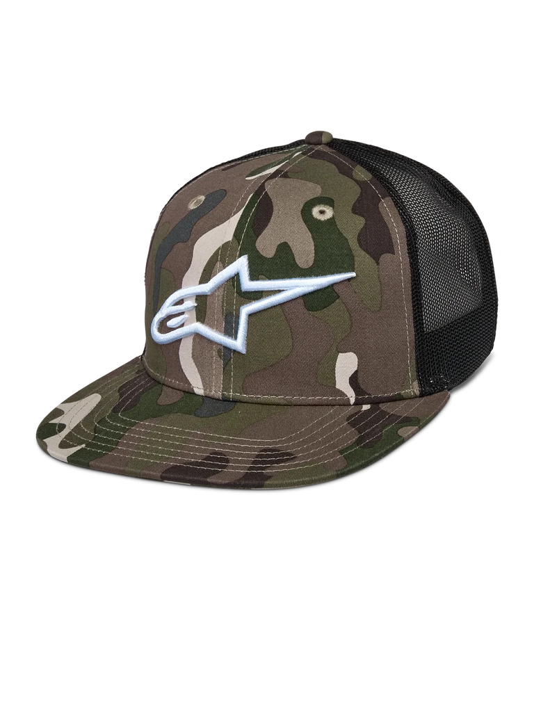 Alpinestars Corp Trucker Hat, Green Camo and Black, camouflage pattern with white embroidered A-star logo, black mesh back panels, flat bill, casual lifestyle headwear