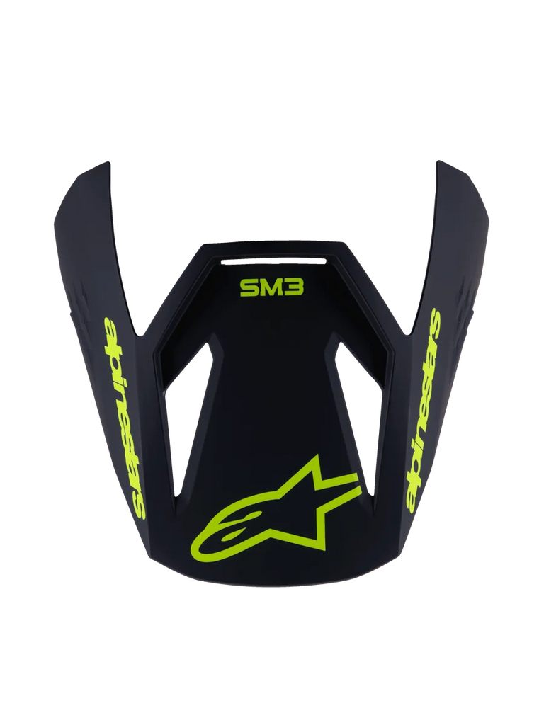 Alpinestars S-M3 Youth Radium Visor, Replacement Helmet Peak, Matte Black with Fluorescent Yellow graphics, featuring SM3 logo and Alpinestars branding, angular aerodynamic design for motocross helmets