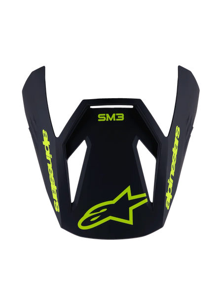 Alpinestars S-M3 Youth Radium Visor, Replacement Helmet Peak, Matte Black with Fluorescent Yellow graphics, featuring SM3 logo and Alpinestars branding, angular aerodynamic design for motocross helmets